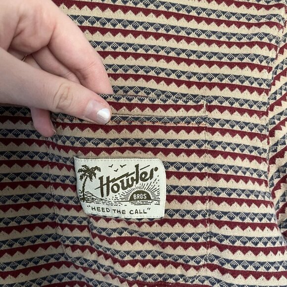 Howler Bros Mens Striped Cotton T-Shirt M red green vintage striped cream pocket - Picture 3 of 8